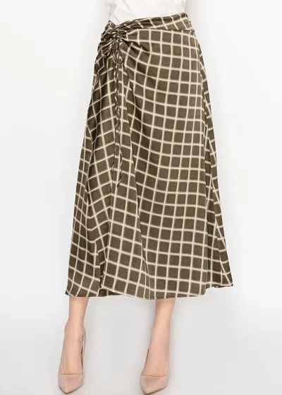 Yal New York Olive Grid Midi Skirt With Side Drape In Green