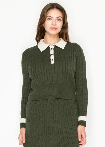 Yal New York Olive Knit Sweater With Button Polo Neckline In Green