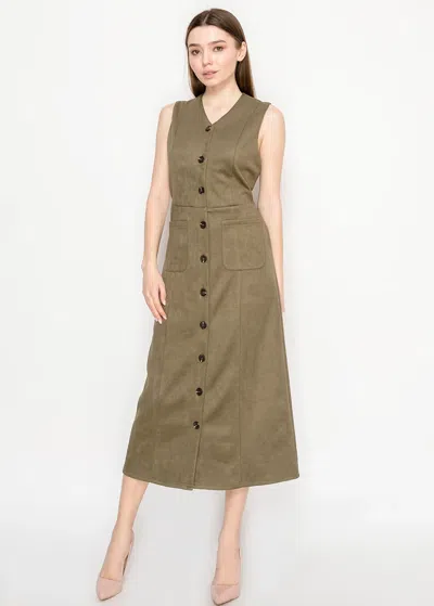 Yal New York Olive Midi Dress With Front Buttons In Green