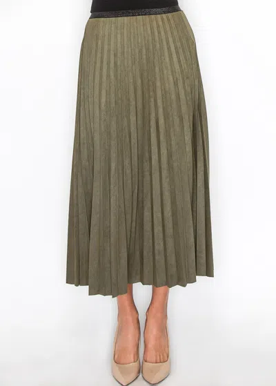 Yal New York Olive Pleated Suede Midi Skirt In Multi