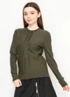 Yal New York Olive Sweater With Gold Button Trim In Green