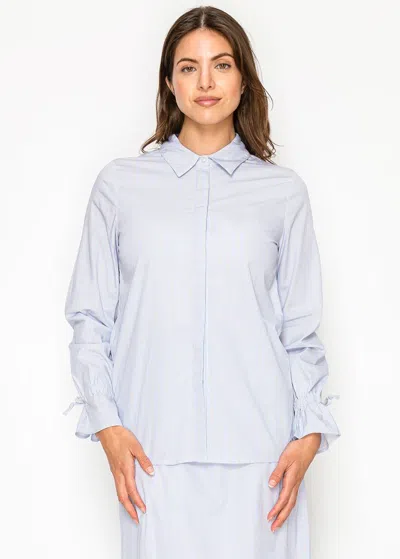 Yal New York Pinstripe Cotton Blouse With Ruched Cuffs In Blue