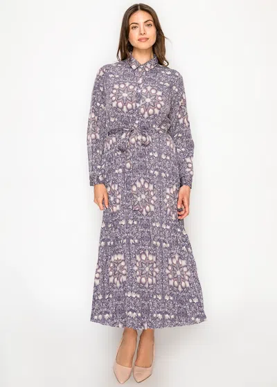 Yal New York Purple Print Midi Dress With Pleated Skirt In Multi