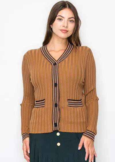 Yal New York Ribbed Camel Cardigan With Striped Details In Multi