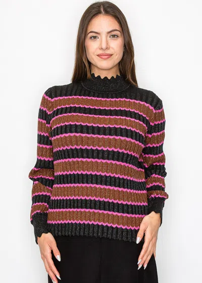 Yal New York Shimmer Stripe Sweater With Scalloped Trim In Pink