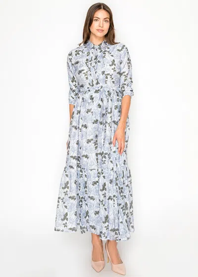 Yal New York Shirt Collar Floral Maxi With Tie Waist In Blue