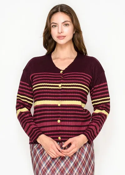 Yal New York Striped Ribbed Button-front Cardigan In Burgundy In Multi