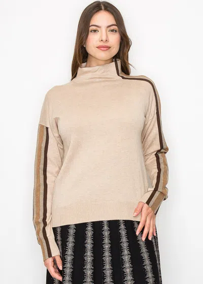 Yal New York Striped Sleeve Mock Neck Pullover In Beige
