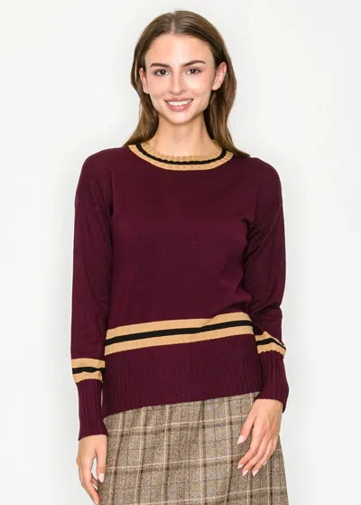 Yal New York Striped Trim Knit Sweater - Burgundy & Mustard In Red