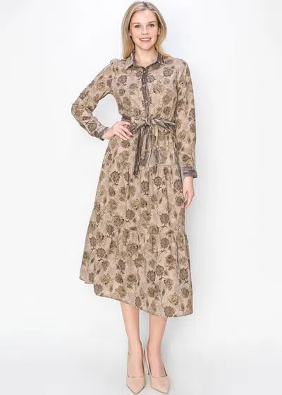 Yal New York Taupe Garden Print Midi Dress In Grey