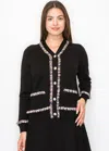 Yal New York Textured Black Cardigan With Multi-color Trim In Black