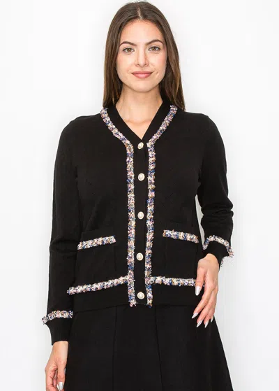 Yal New York Textured Black Cardigan With Multi-color Trim
