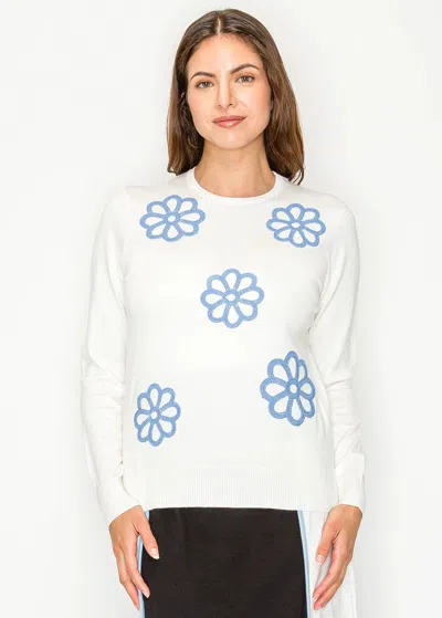 Yal New York White Knit Sweater With Blue Flowers