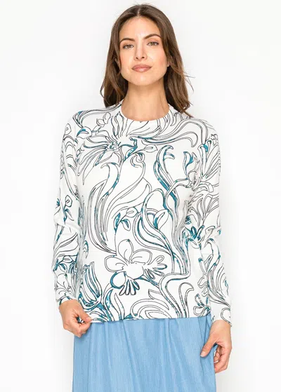 Yal New York White Knit Sweater With Teal Floral Print