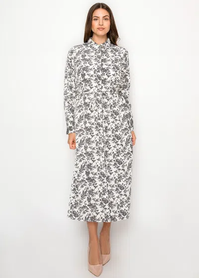 Yal New York White Midi Dress With Charcoal Floral Print In Multi