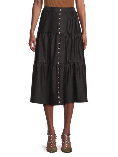 Yal New York Women's Button Front Tiered Midi Skirt In Black
