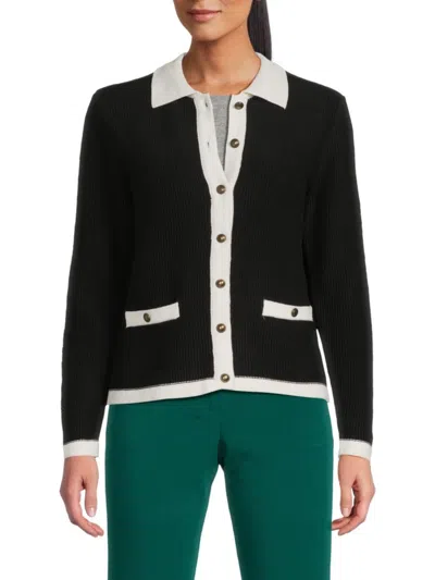 Yal New York Women's Contrast-trim Rib-knit Cardigan In Black