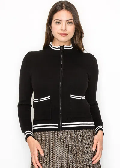 Yal New York Zip-up Black Cardigan With Striped Details