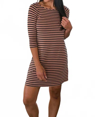 Yala Rita Boatneck A-line Bamboo Dress With Pockets In Black Newport Stripe In Brown