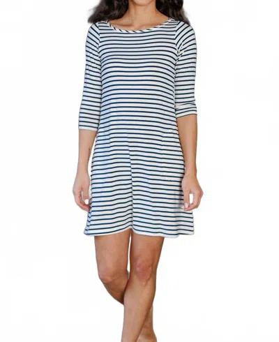Yala Rita Boatneck A-line Bamboo Dress With Pockets In Navy Newport Stripe In Multi