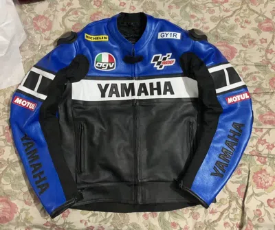 Pre-owned Yamaha Men's  Racing Motogp Blue & Black Motorbike Cowhide Leather Biker Jacket