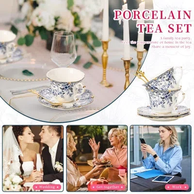 Yamazaki Home 3-piece Country Roses Bone China Tea Cup And Saucer Set, Vintage Elegant Tea Party Gift For Women In Blue