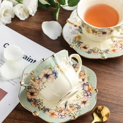 Yamazaki Home 3-piece Country Roses Bone China Tea Cup And Saucer Set, Vintage Elegant Tea Party Gift For Women In Dutch Blue