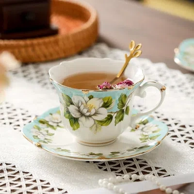 Yamazaki Home 3-piece Country Roses Bone China Tea Cup And Saucer Set, Vintage Elegant Tea Party Gift For Women In Light Green