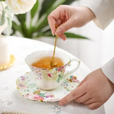 Yamazaki Home 3-piece Country Roses Bone China Tea Cup And Saucer Set, Vintage Elegant Tea Party Gift For Women In Pink