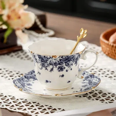 Yamazaki Home 3-piece Country Roses Bone China Tea Cup And Saucer Set, Vintage Elegant Tea Party Gift For Women In Sky Blue