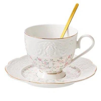 Yamazaki Home 3-piece Country Roses Bone China Tea Cup And Saucer Set, Vintage Elegant Tea Party Gift For Women In Starlight Pink