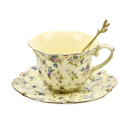 Yamazaki Home 3-piece Country Roses Bone China Tea Cup And Saucer Set, Vintage Elegant Tea Party Gift For Women In Yellow