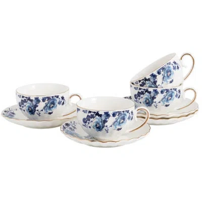 Yamazaki Home 6.4oz Floral Tea Cup And Saucer Set, Porcelain Teacup With Gold Trim, Coffee Cappuccino Espresso Lat In Dark Blue Flowers