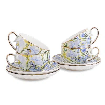 Yamazaki Home 6.4oz Floral Tea Cup And Saucer Set, Porcelain Teacup With Gold Trim, Coffee Cappuccino Espresso Lat In Iris - Blue