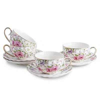 Yamazaki Home 6.4oz Floral Tea Cup And Saucer Set, Porcelain Teacup With Gold Trim, Coffee Cappuccino Espresso Lat In Pink,purple