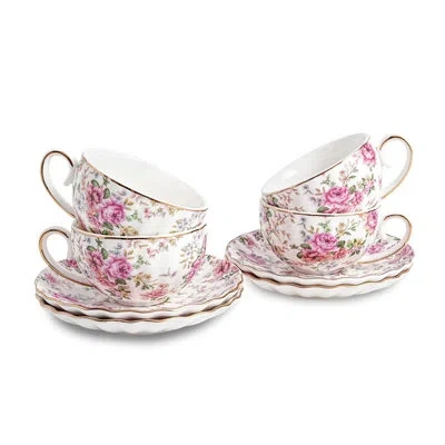 Yamazaki Home 6.4oz Floral Tea Cup And Saucer Set, Porcelain Teacup With Gold Trim, Coffee Cappuccino Espresso Lat In White