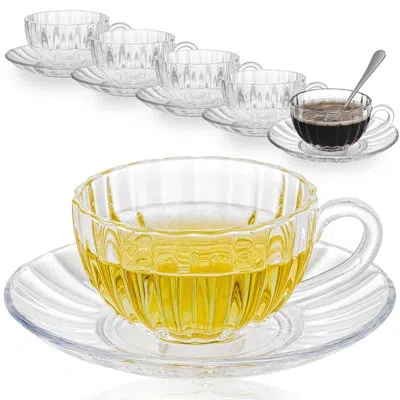 Yamazaki Home 6-piece 6oz Glass Tea & Coffee Cup Set With Saucers And Stainless Steel Spoon, Dishwasher & Microwav In Clear