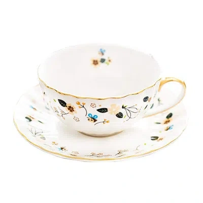 Yamazaki Home 7oz Porcelain Tea Cups And Saucers Set, Cute Ceramic Coffee Mug, Art Latte Cappuccino Cup, Christmas In White