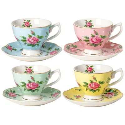 Yamazaki Home 8 oz Fine Porcelain Tea Cups And Saucers Set Of 4, Gold Trim Lightweight Non-toxic Teacup, Dishwashe In Multicolor
