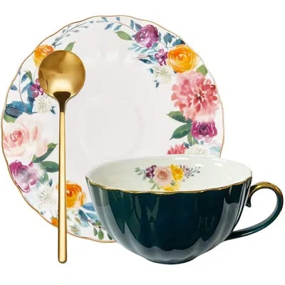 Yamazaki Home 8 oz Floral Bone China Teacup And Saucer Set With Spoon, Single Serve Coffee Cappuccino Latte Mug, I In Green