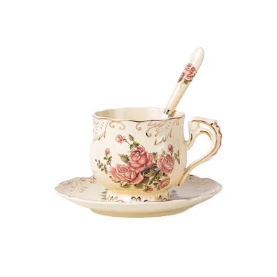 Yamazaki Home 8 oz Tea Cup And Saucer Set, Ceramic Teacup With Saucer And Spoon, Ivory Vintage Pink Rose Floral De