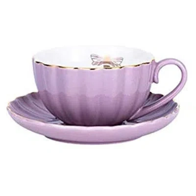 Yamazaki Home 9oz Porcelain Tea Cup And Saucer Set, Luxury Gold Bee Design Inside The Cup, Elegant Coffee Mug In Purple