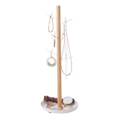 Yamazaki Home Accessory Tree - Jewelry Organizer Stand With Tray, Steel + Wood In Brown;white