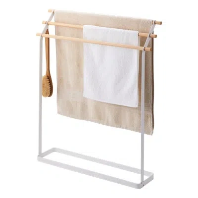 Yamazaki Home Bath Towel Hanger - Bathroom Holder Rack Organizer, Steel + Wood In White,natural
