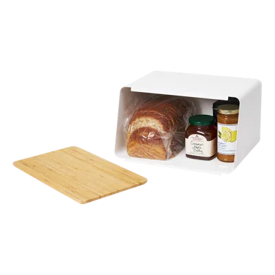 Yamazaki Home Bread Box With Cutting Board Lid, Steel + Wood, Lid, No Assembly In White