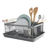 Yamazaki Home Dish Rack, Steel + Wood, Supports 22 Pounds, Drainer Tray, Handles, Utensil Holder, Water Resistant, In Grey