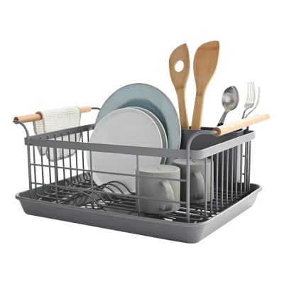Yamazaki Home Dish Rack, Steel + Wood, Supports 22 Pounds, Drainer Tray, Handles, Utensil Holder, Water Resistant, In Grey