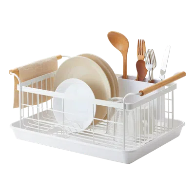 Yamazaki Home Dish Rack, Steel + Wood, Supports 22 Pounds, Drainer Tray, Handles, Utensil Holder, Water Resistant, In White