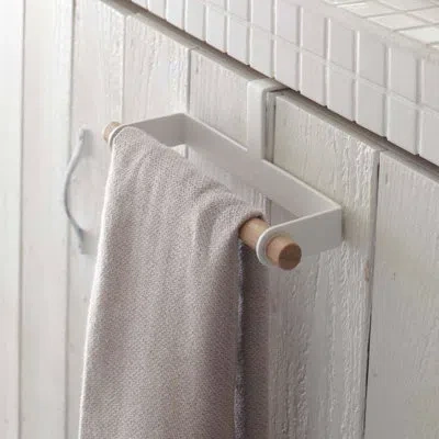 Yamazaki Home Kitchen Towel Hanger, Steel + Wood In White