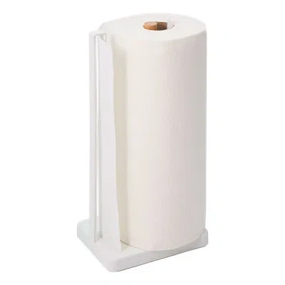 Yamazaki Home One-handed Tear Paper Towel Holder - Kitchen Storage Rack, Steel + Wood In White